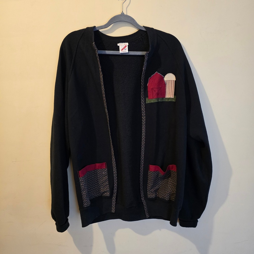Vintage 90s Jerzees Cardigan Sweatshirt Women XL Black Barn Applique Cottagecore